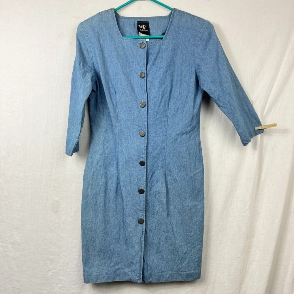 Vintage 90s Full Button Denim Sheath Dress Womens M Square Neck Boho Mom‎ USA